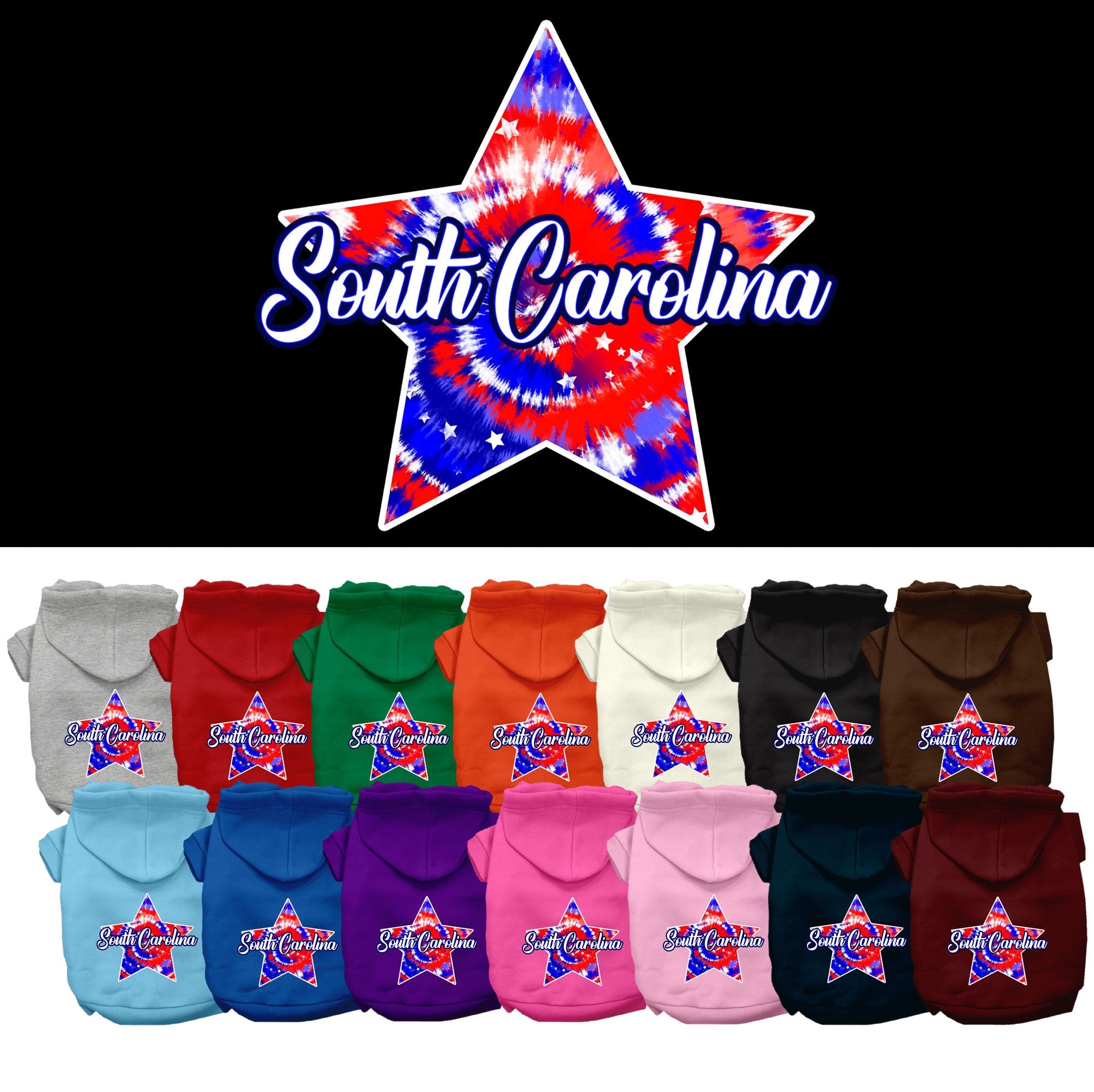 Pet Dog & Cat Screen Printed Hoodie for Medium to Large Pets (Sizes 2XL-6XL), &quot;South Carolina Patriotic Tie Dye&quot;