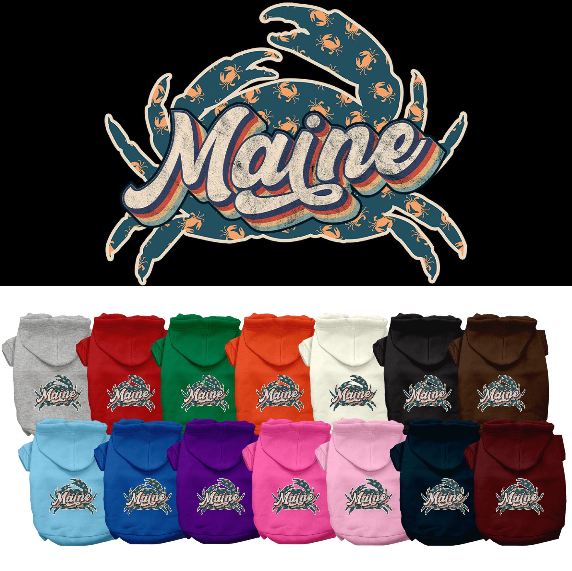 Pet Dog & Cat Screen Printed Hoodie for Medium to Large Pets (Sizes 2XL-6XL), &quot;Maine Retro Crabs&quot;