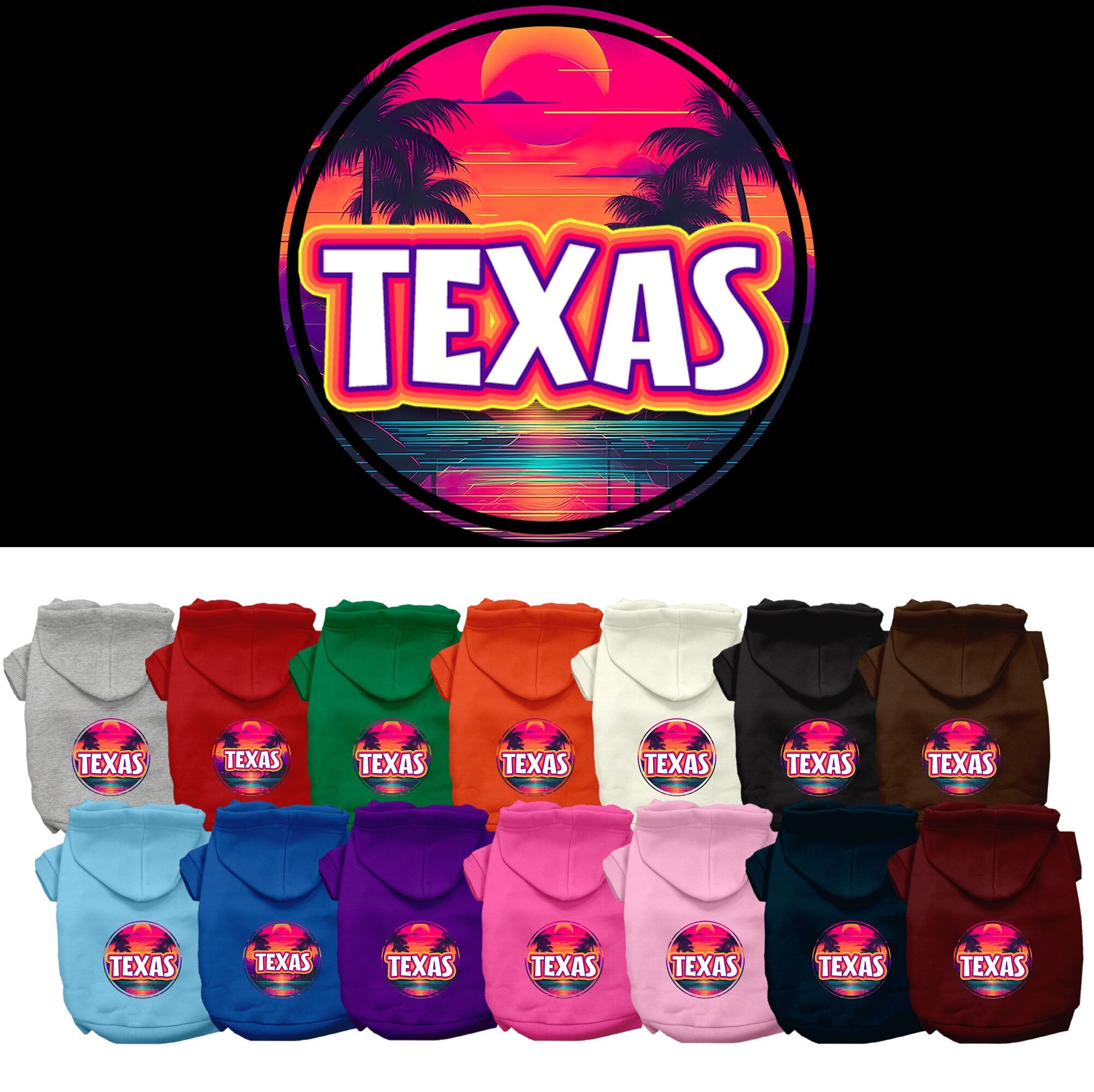 Pet Dog & Cat Screen Printed Hoodie for Small to Medium Pets (Sizes XS-XL), &quot;Texas Neon Beach Sunset&quot;