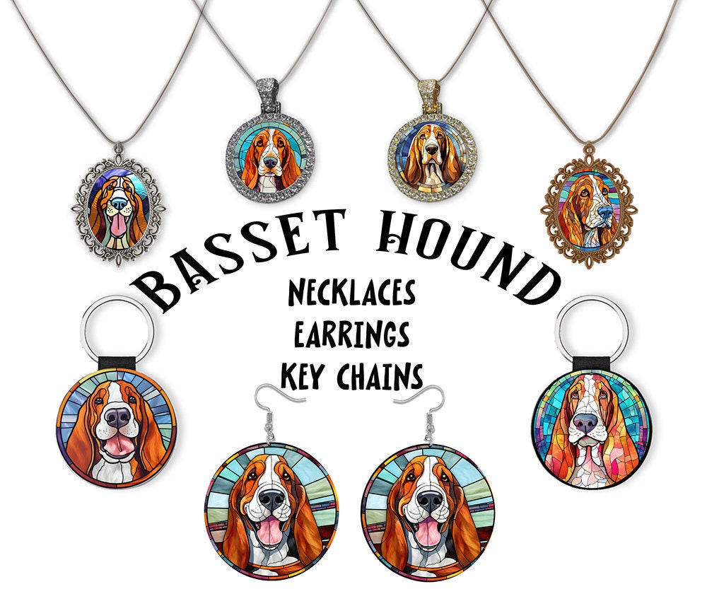Basset Hound Jewelry - Stained Glass Style Necklaces, Earrings and more!