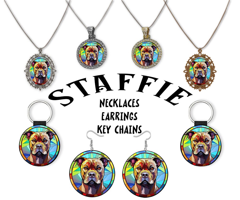 Staffordshire Bull Terrier, Staffie Jewelry - Stained Glass Style Necklaces, Earrings and more!