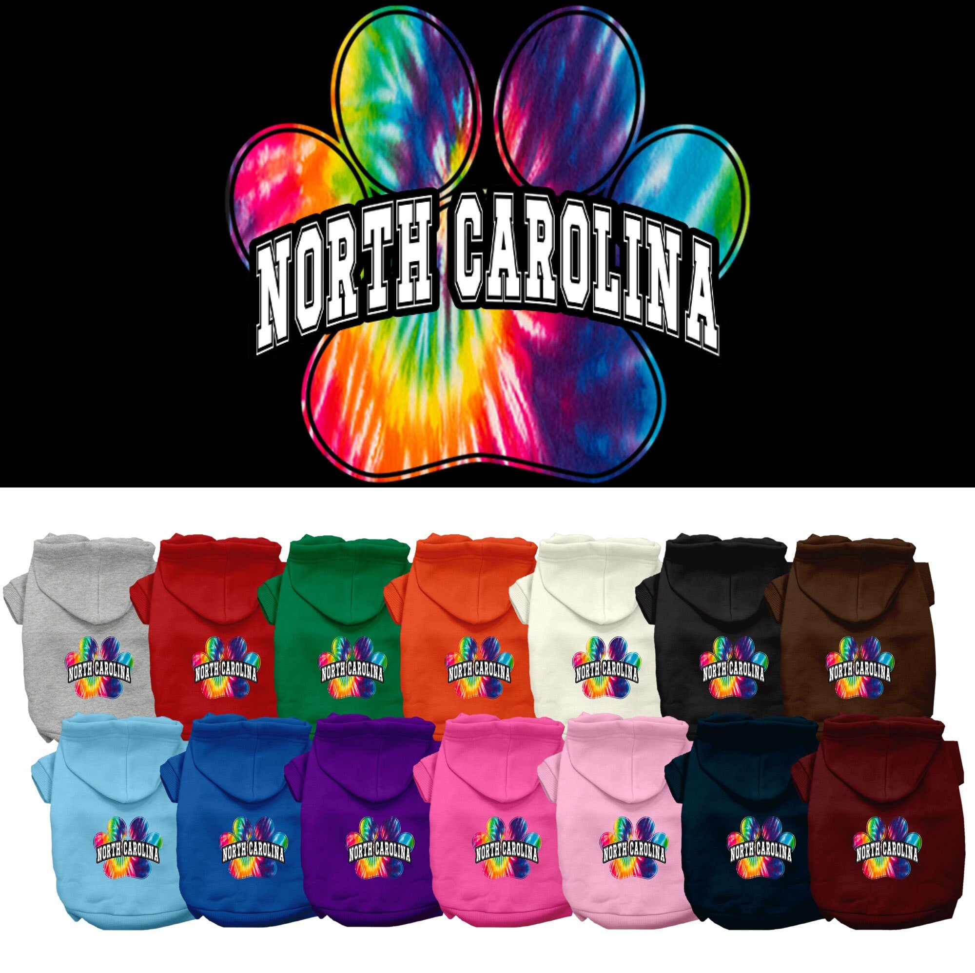 Pet Dog & Cat Screen Printed Hoodie for Medium to Large Pets (Sizes 2XL-6XL), &quot;North Carolina Bright Tie Dye&quot;
