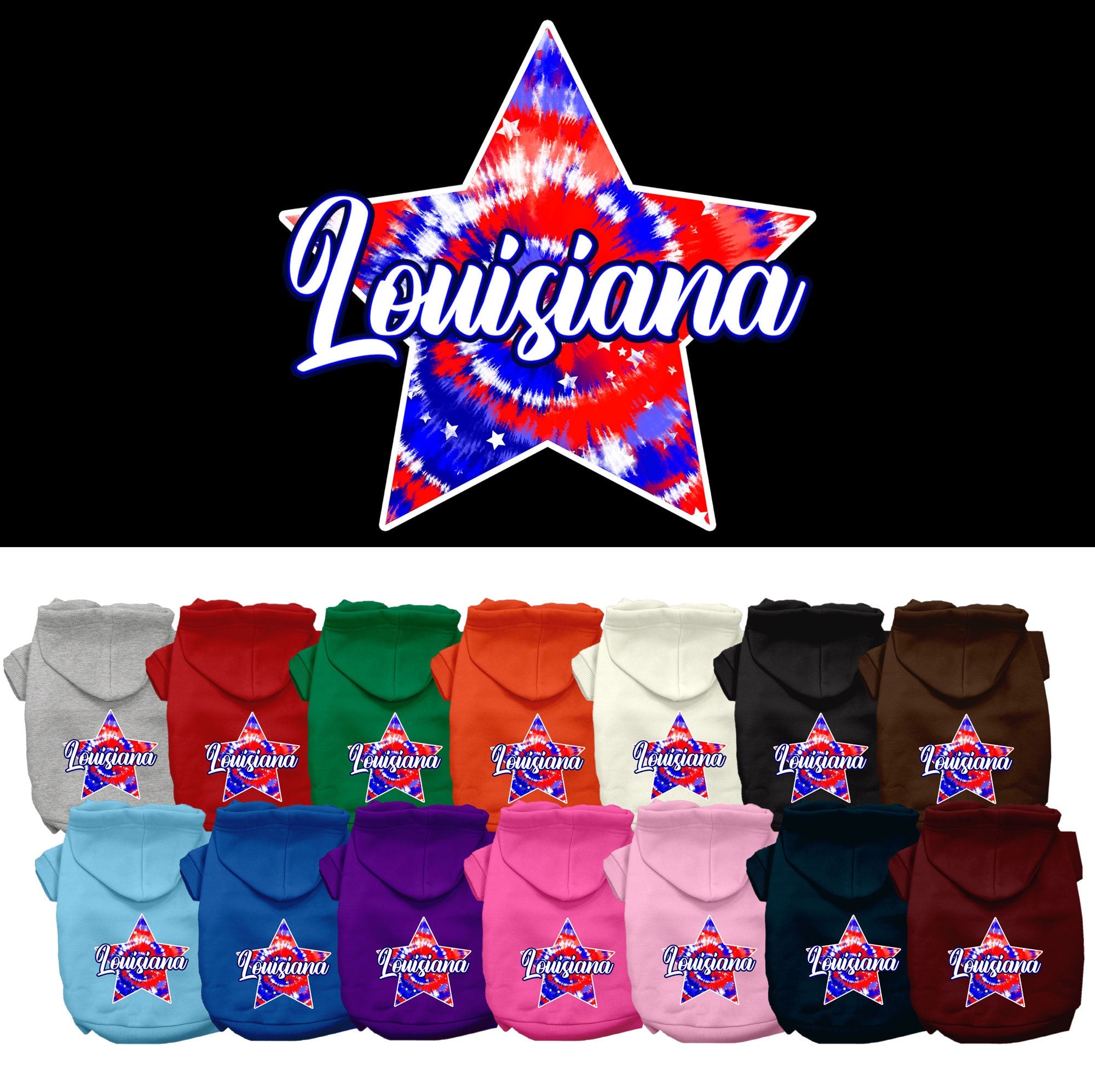 Pet Dog & Cat Screen Printed Hoodie for Medium to Large Pets (Sizes 2XL-6XL), &quot;Louisiana Patriotic Tie Dye&quot;