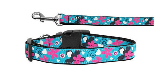 Pet Dog & Cat Nylon Collar or Leash, &quot;Aqua Love&quot;