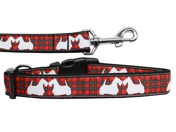 Pet Dog & Cat Nylon Collar or Leash, &quot;Red Plaid Scotty Pups&quot;