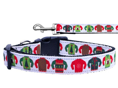 Christmas Pet Dog & Cat Nylon Collar or Leash, &quot;Ugly Sweater&quot;