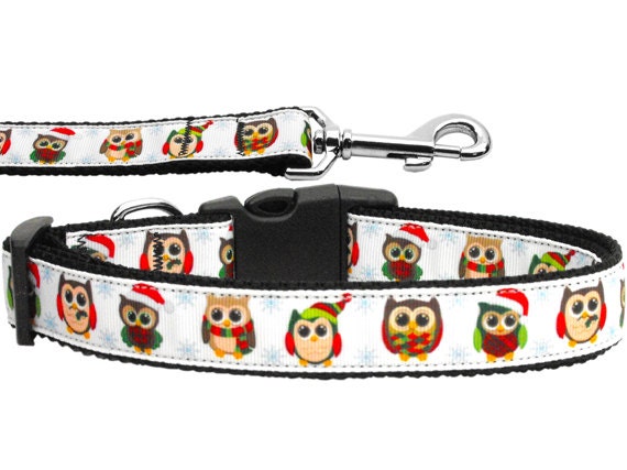 Christmas Pet Dog & Cat Nylon Collar or Leash, "Snowy Owls"