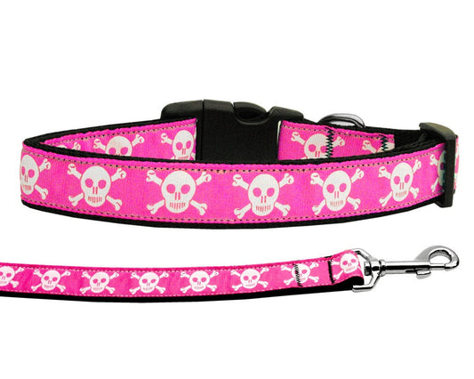 Pet Dog & Cat Nylon Collar or Leash, "Pink Skulls"