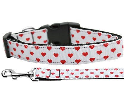 Pet Dog & Cat Nylon Collar or Leash, &quot;White and Red Dotty Hearts&quot;