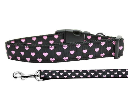 Pet Dog and Cat Nylon Collar or Leash, &quot;Pink & Black Dotty Hearts&quot;