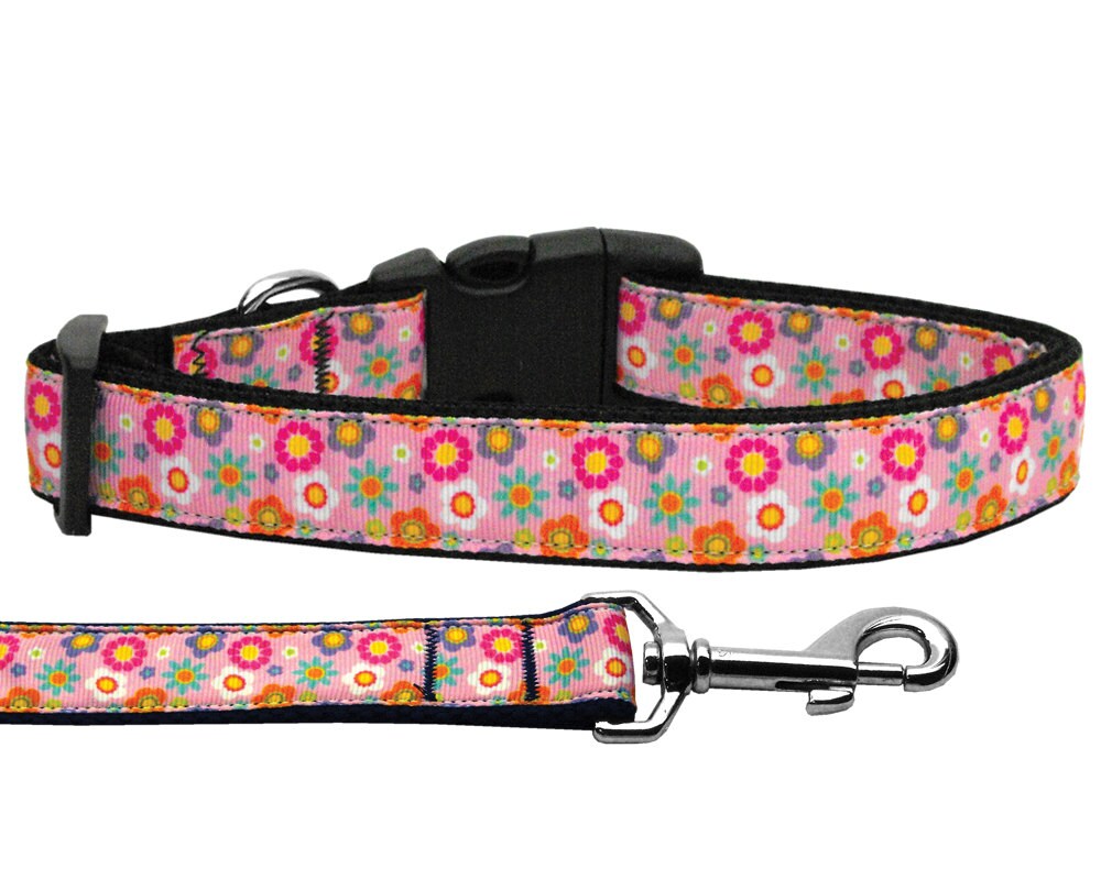 Pet Dog & Cat Nylon Collar or Leash, &quot;Pink Spring Flowers&quot;