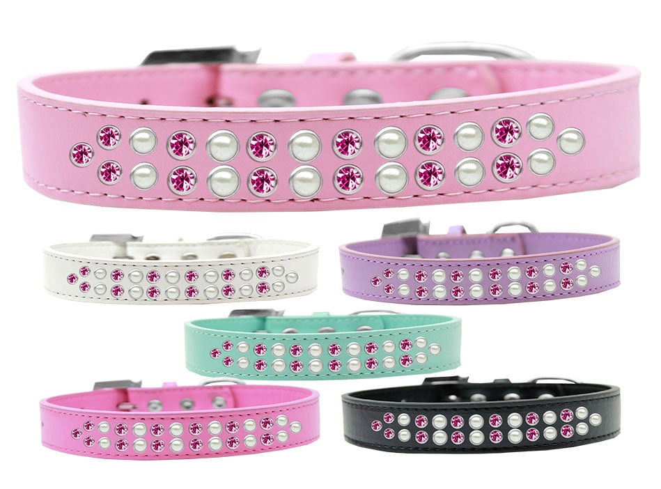 Dog, Puppy & Pet Fashion  Collar, "Two Row Pearl And Pink Crystal Rimsets"