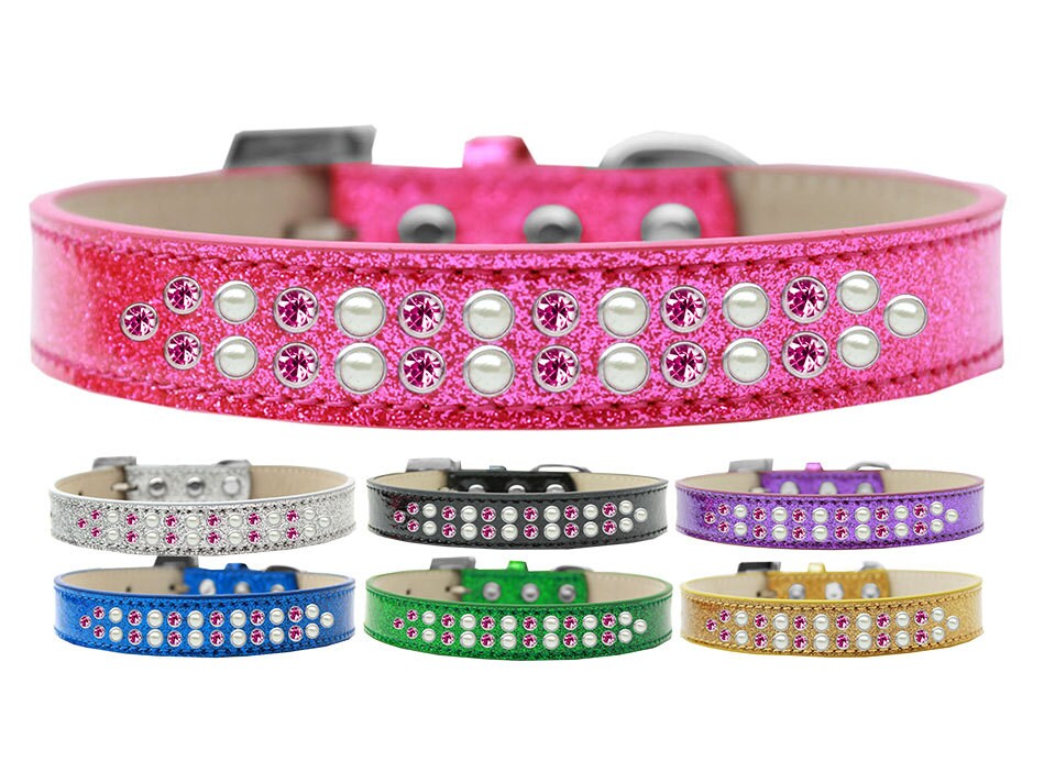 Dog, Puppy & Pet Ice Cream  Collar, "Two Row Pearl and Bright Pink Crystal Rimsets"