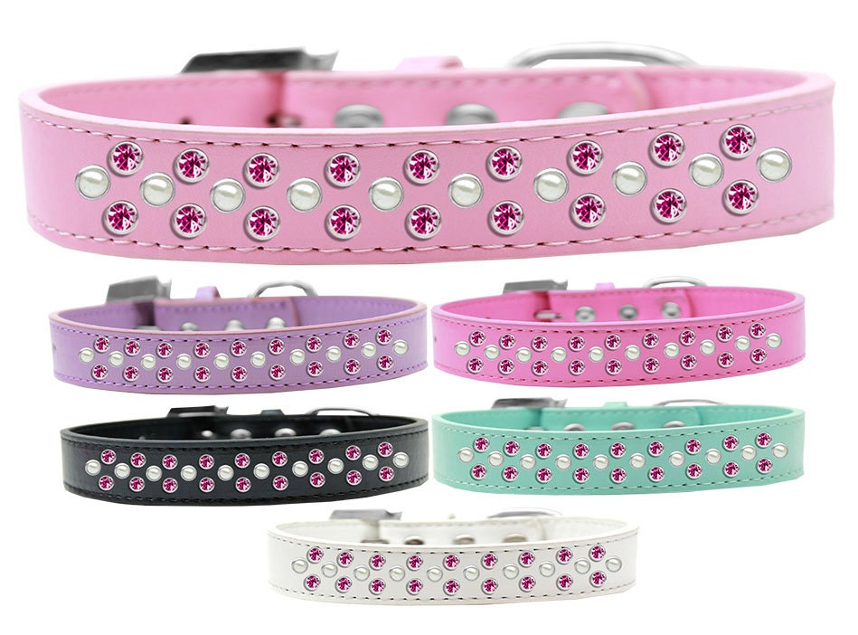 Dog, Puppy & Pet Fashion  Collar, "Pearl and Bright Pink Crystal Rimsets Sprinkles"