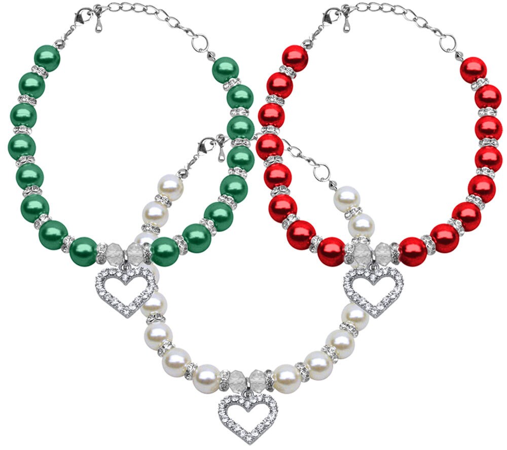 Christmas Heart & Pearl Dog, Cat and Pet Necklaces