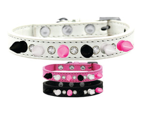 Pet and Dog Spike Collar, "Clear Crystals & Black, White and Bright Pink Spikes”