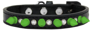 Pet and Dog Spike Collar, "Clear Crystals & Neon Green Spikes”