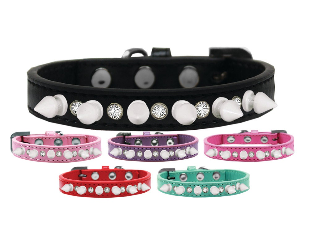 Pet and Dog Spike Collar, "Clear Crystals & White Spikes”