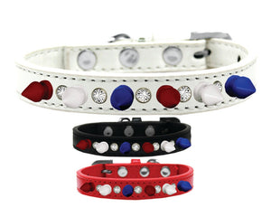 Pet and Dog Spike Collar, "Clear Crystals & Red, White and Blue Spikes”