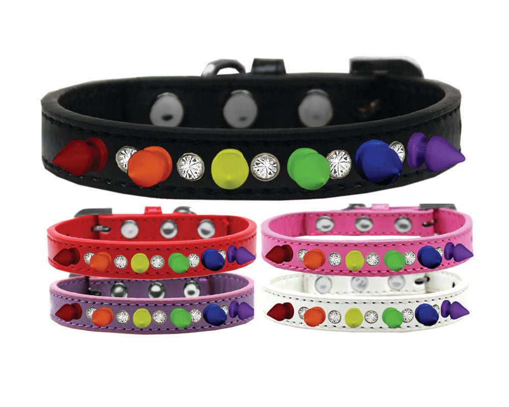Pet and Dog Spike Collar, "Clear Crystals & Rainbow Spikes”