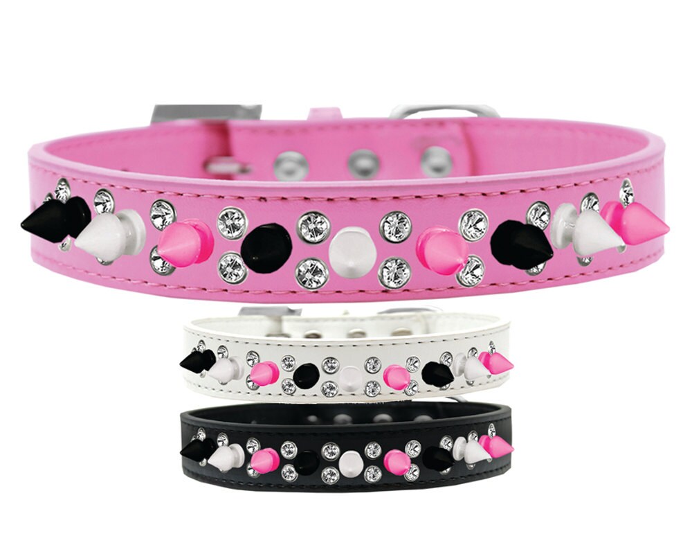 Pet and Dog Spike Collar, "Double Crystal & Black, White and Bright Pink Spikes"