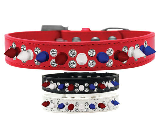 Pet and Dog Spike Collar, &quot;Double Crystal & Red, White and Blue Spikes&quot;